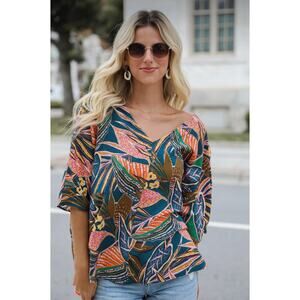 Hudson Grey Incredible Allure Teal‎ Leaf Print Oversized Blouse